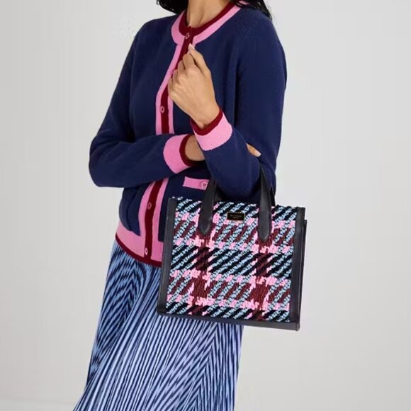 Kate Spade Manhattan Small Plaid Crossbody Tote Handbag w/ Plaque Logo PREOWNED - Picture 2 of 16